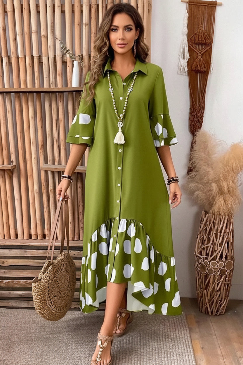 Women's Polka Dot Shirt Dress – Button Front Midi Dress with Flare Sleeves Bazaare Mart Half Sleeve Midi Shirt Dress