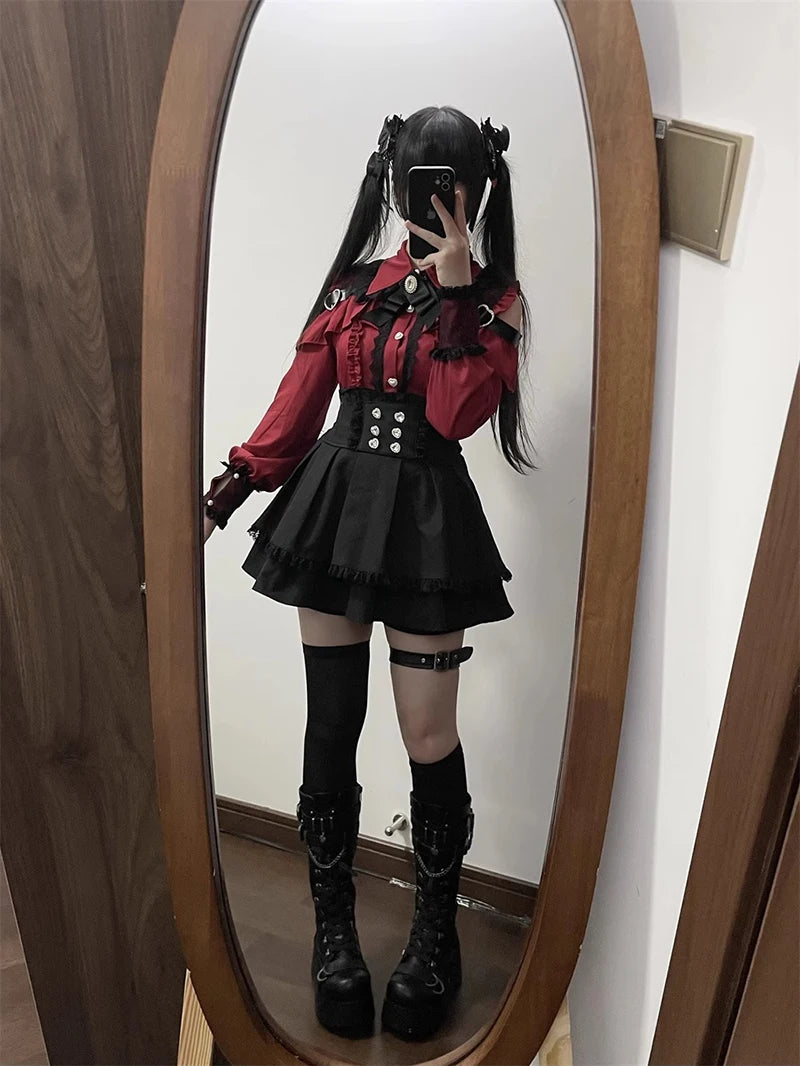 Jirai kei Shirt JK Skirt Japanese Style Lolita Y2K Sweet School Uniform Blouse Top Dress Darkness Outfit Women Girls Theme Party Bazaare Mart