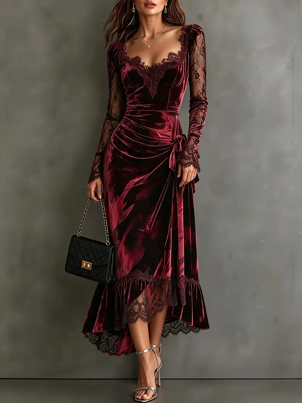 Burgundy Velvet Lace-Trim Fishtail Midi Dress