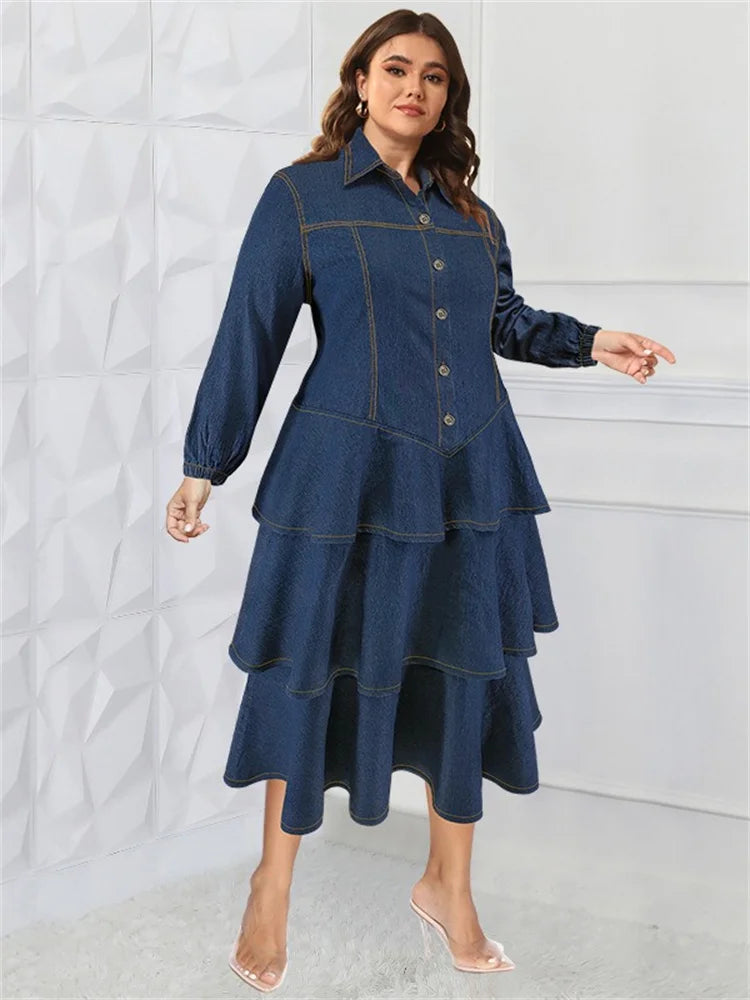 Blue Denim Tiered Ruffle Midi Dress