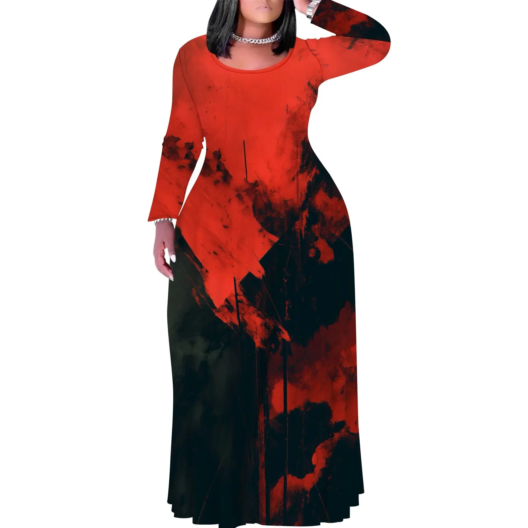 Tie Dye Print Scoop Neck Long Sleeve Maxi Dress Pattern-12 CHINA Bazaare Mart Tie Dye Print Scoop Neck Long Sleeve Maxi Dress