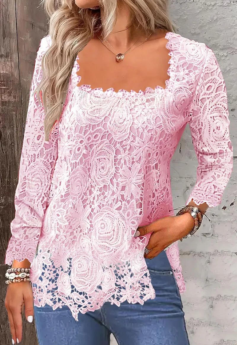 U Collar Long Sleeve Lace Loose T-shirts Summer Women Lace Patchwork Hollow Out Baggy Tee Shirt Tops MYH-myh221 Bazaare Mart