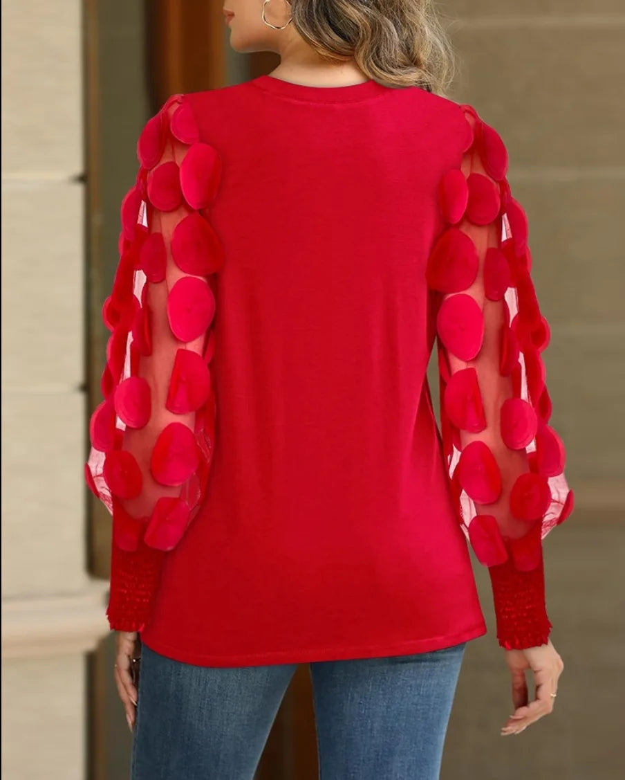Women's Pleated Blouse with 3D Floral Mesh Sleeve