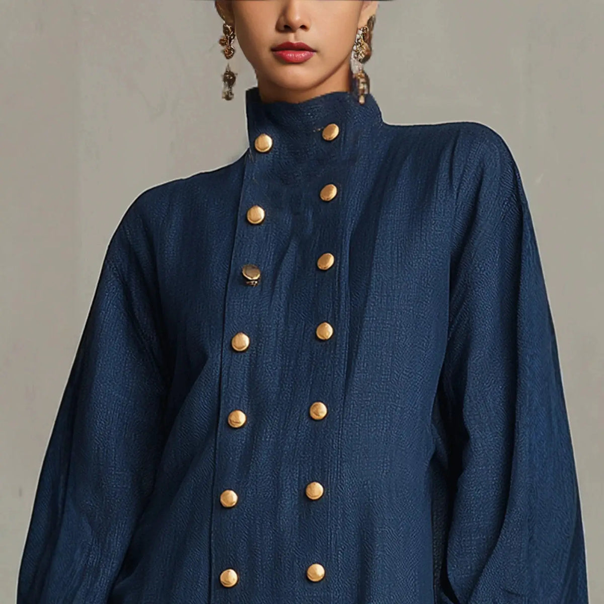 Denim Mini Dress – High Collar, Gold Buttons & Lace Ruffle Hem