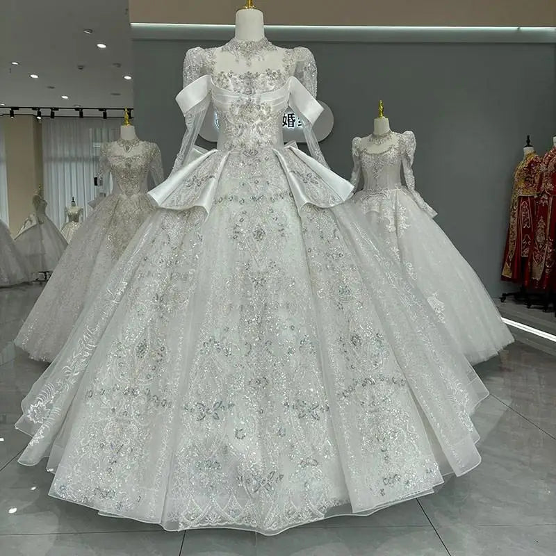 Long Sleeve Princess Sparkling Beaded Bridal Gown floor-length Bazaare Mart Beaded Long Sleeve Bridal Gown