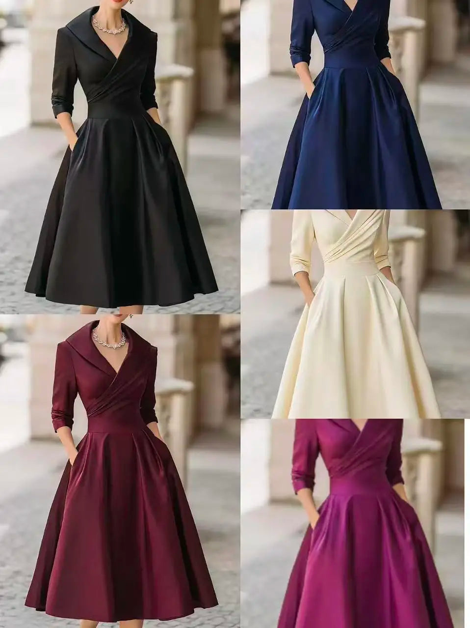 Classy Classic Lapel Cross Pleated Waist A-shaped Midi Dress Bazaare Mart Classic Midi Dress