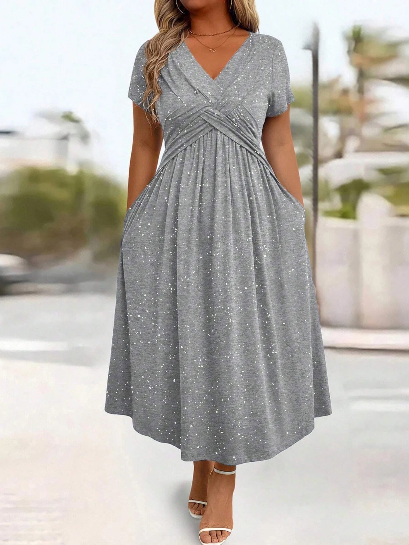 Ladies' elegant plus size powder sprinkled shiny twisted knot with pockets V-neck dress SHI4027 2 Bazaare Mart