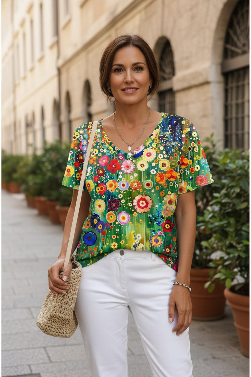 Floral Short Sleeve V Neck Tees