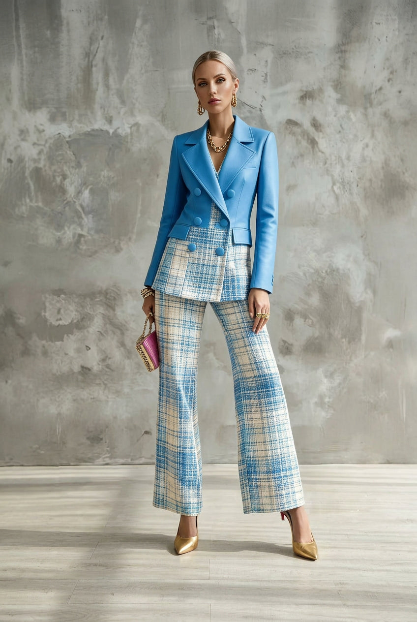 PU Leather Blazer & Plaid Flare Pants Set