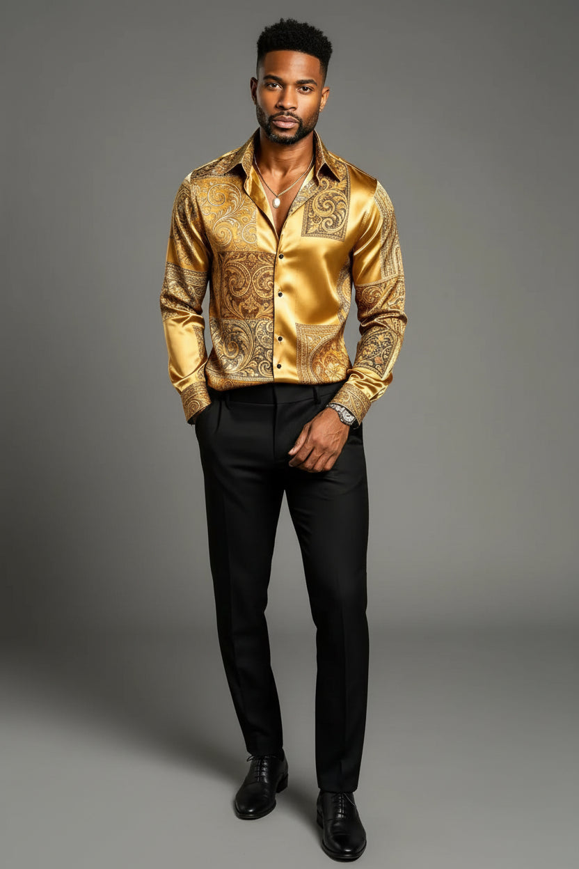 Men's Satin Baroque Print Button-Up Shirt – Long Sleeve Luxury Dress Shirt