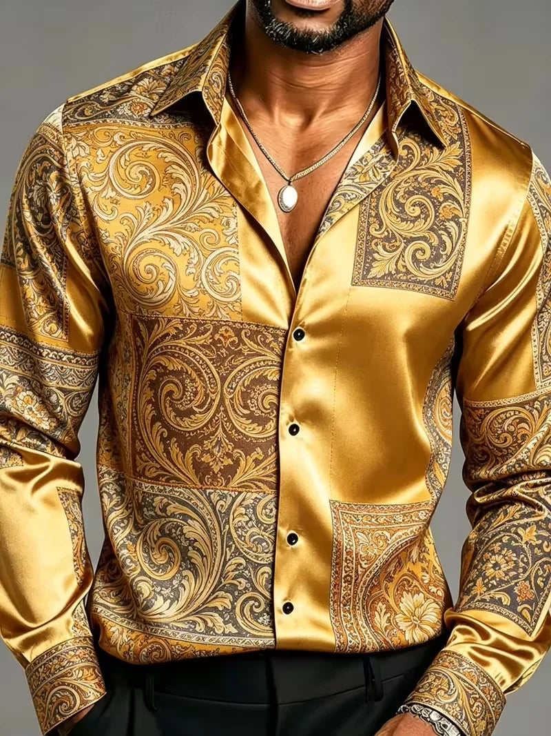 Men's Satin Baroque Print Button-Up Shirt – Long Sleeve Luxury Dress Shirt