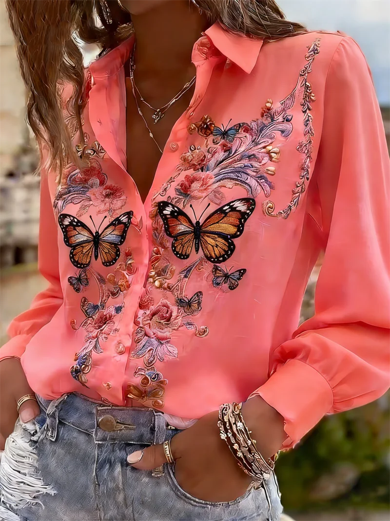 Women’s 3D Floral Print Button-Up Shirt – Long Sleeve Branch Pattern Collared Blouse AO727 Bazaare Mart Blouses