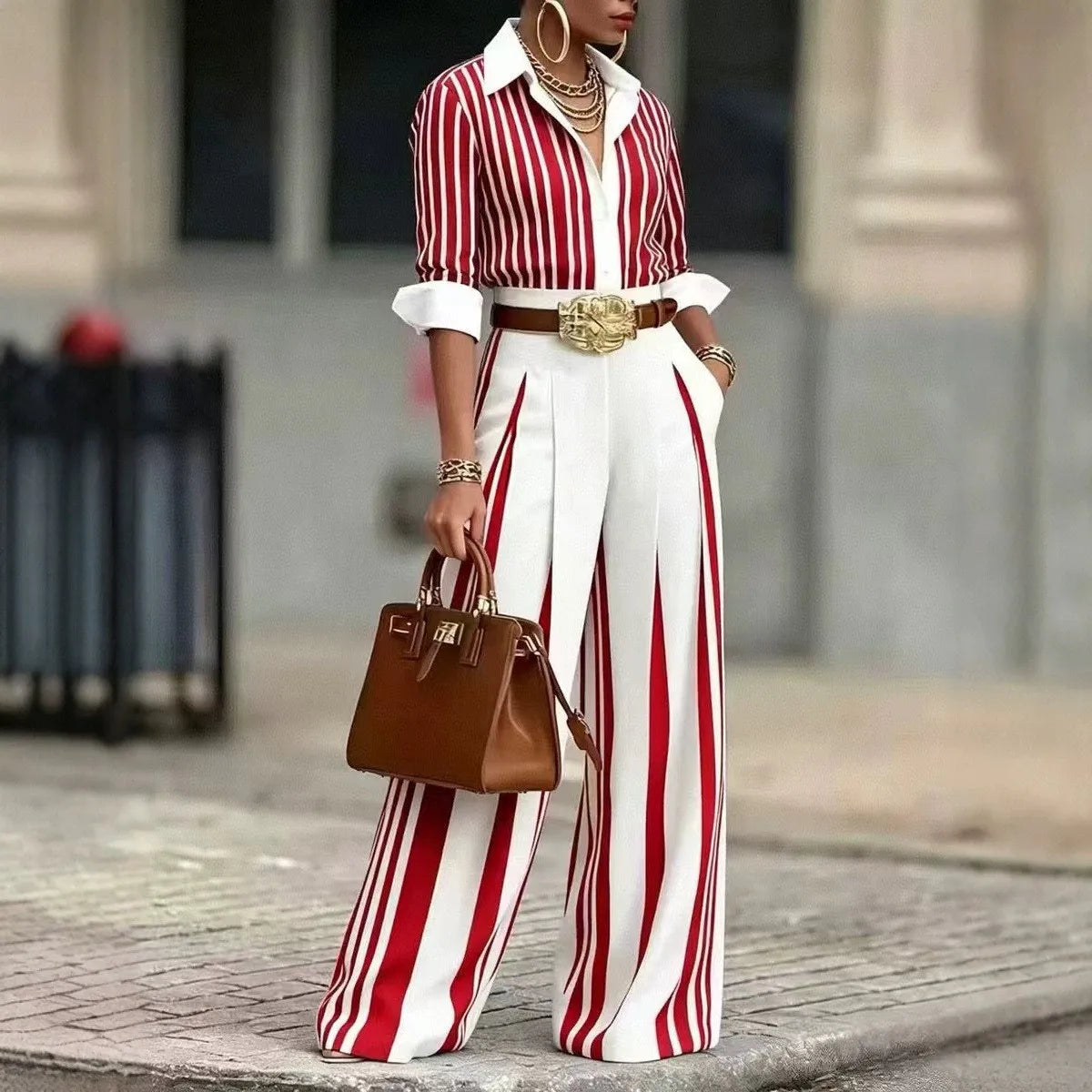 Striped Two-Piece Set – Button-Up Shirt & Wide-Leg Pants