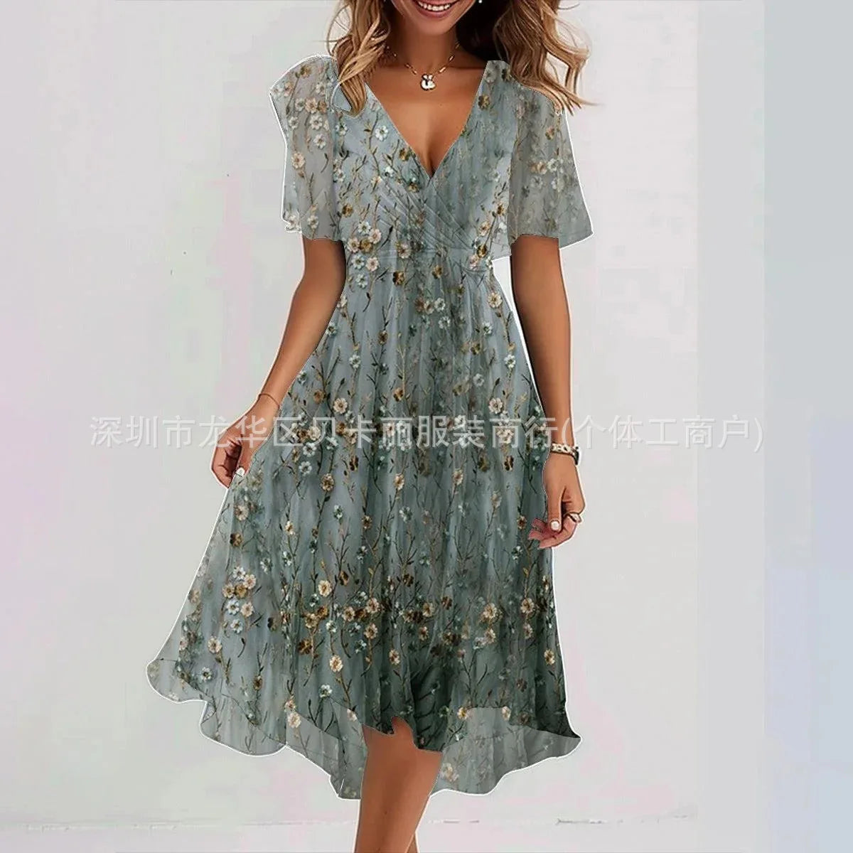 Elegant Floral Surplice Midi Dress Grayish green 7 Bazaare Mart Surplice Midi Dress