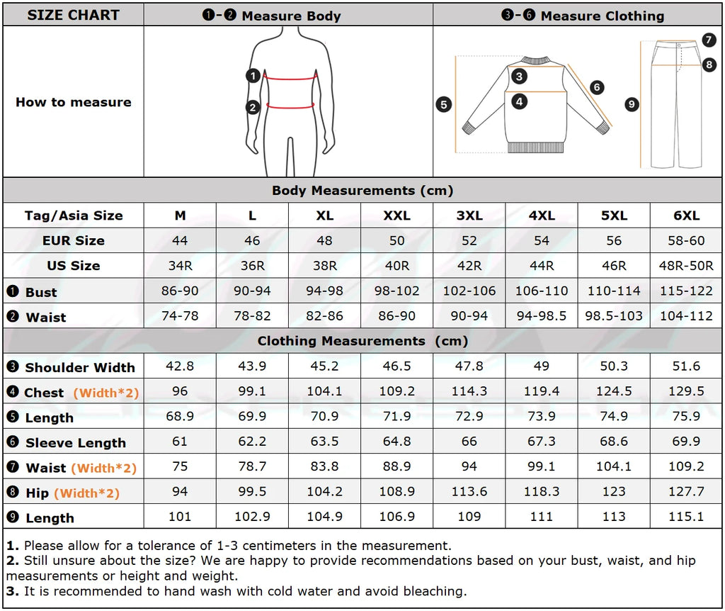 Size chart for clothing measurements with body and clothing dimensions.