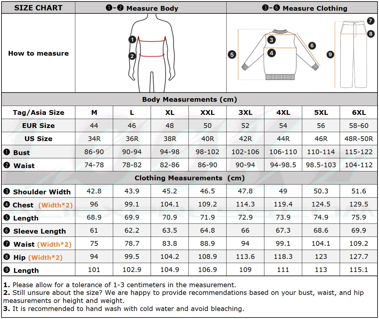 Size chart for clothing measurements with body and clothing dimensions.