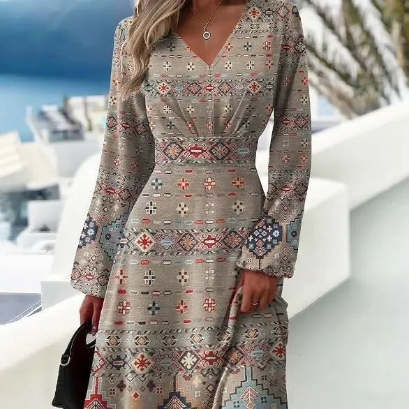 Slim Fit Printed V-neck Long Sleeve Dress Khaki Bazaare Mart Long Sleeve Midi Dress