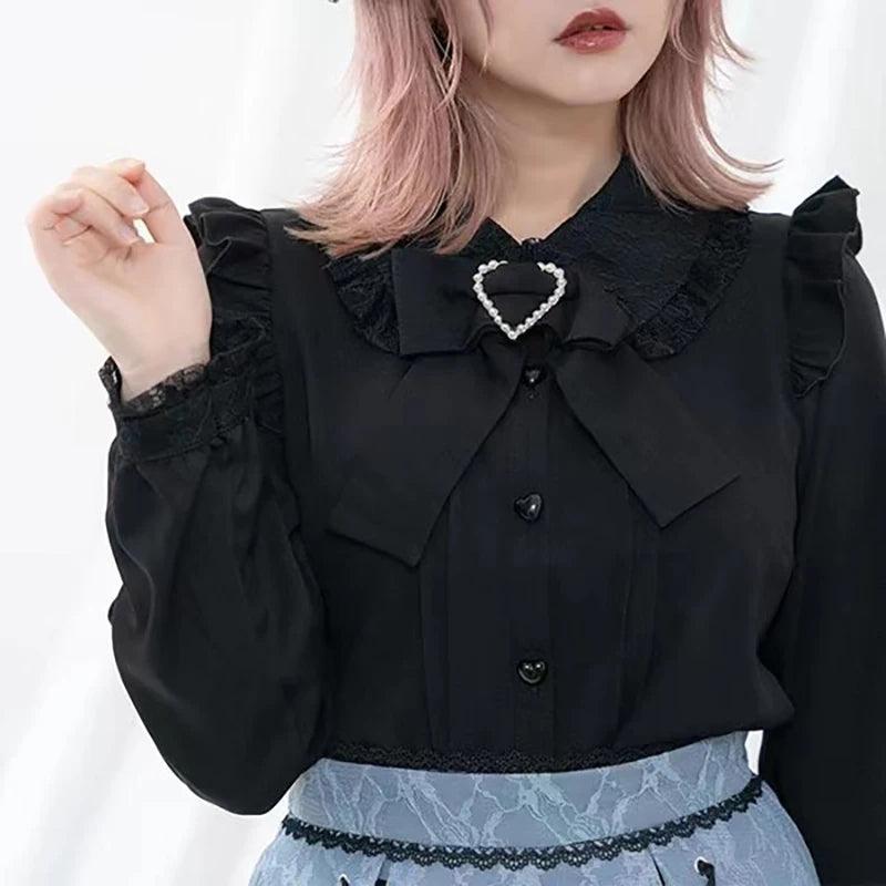 Women's Kawaii Lolita Blouse – Japanese-Inspired Peter Pan Collar Shirt with Lace & Bow Details 21 shirt Bazaare Mart Blouse