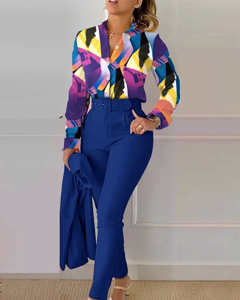 Print Long Sleeve Shirt Matching Pants Sets With Belt