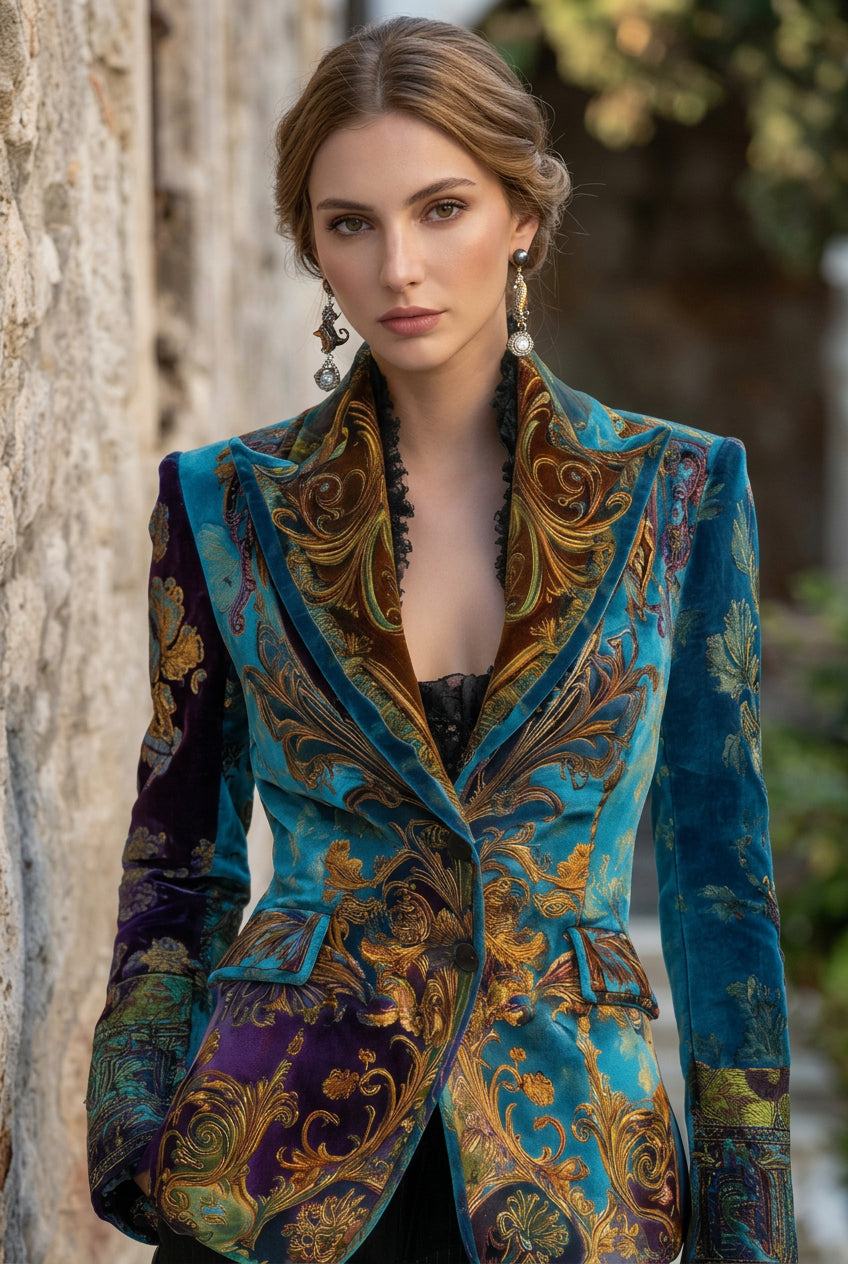Vintage Peacock Blue & Gold Gilded Baroque Velvet Blazer