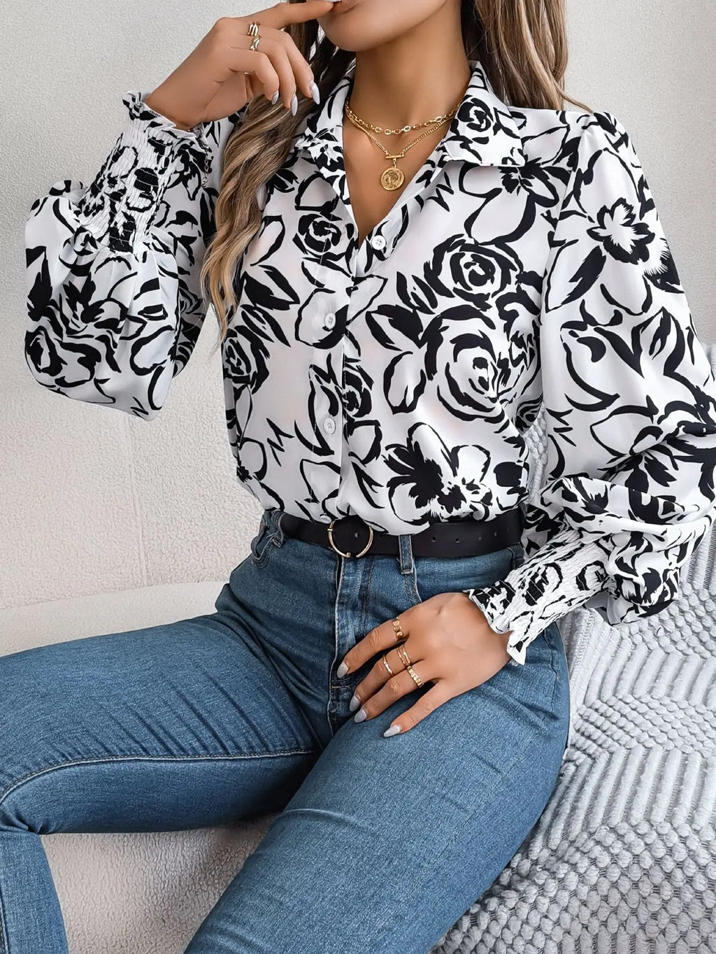 Floral Long Lantern Sleeve Flip Collar Blouse