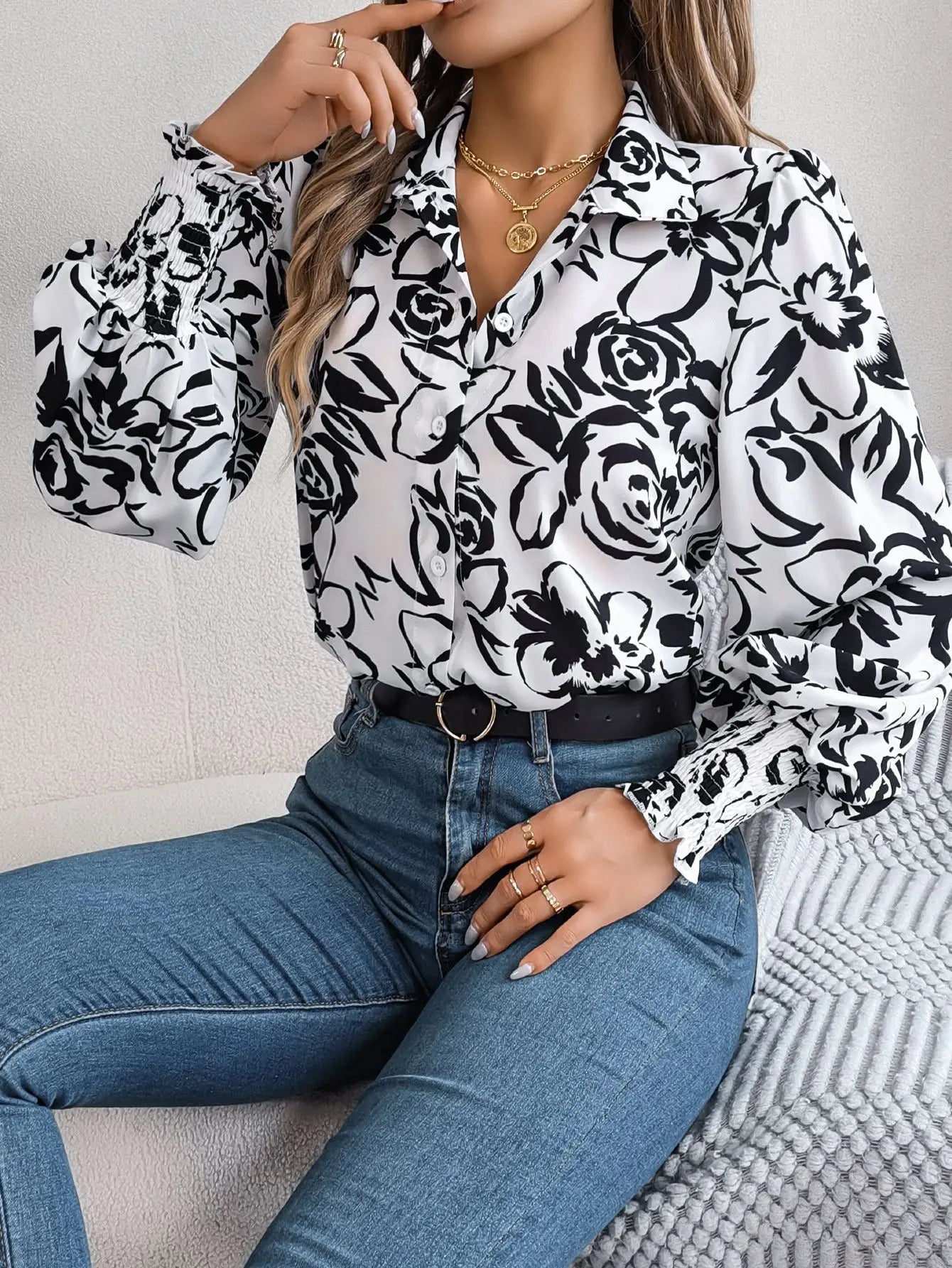 Floral Long Lantern Sleeve Flip Collar Blouse