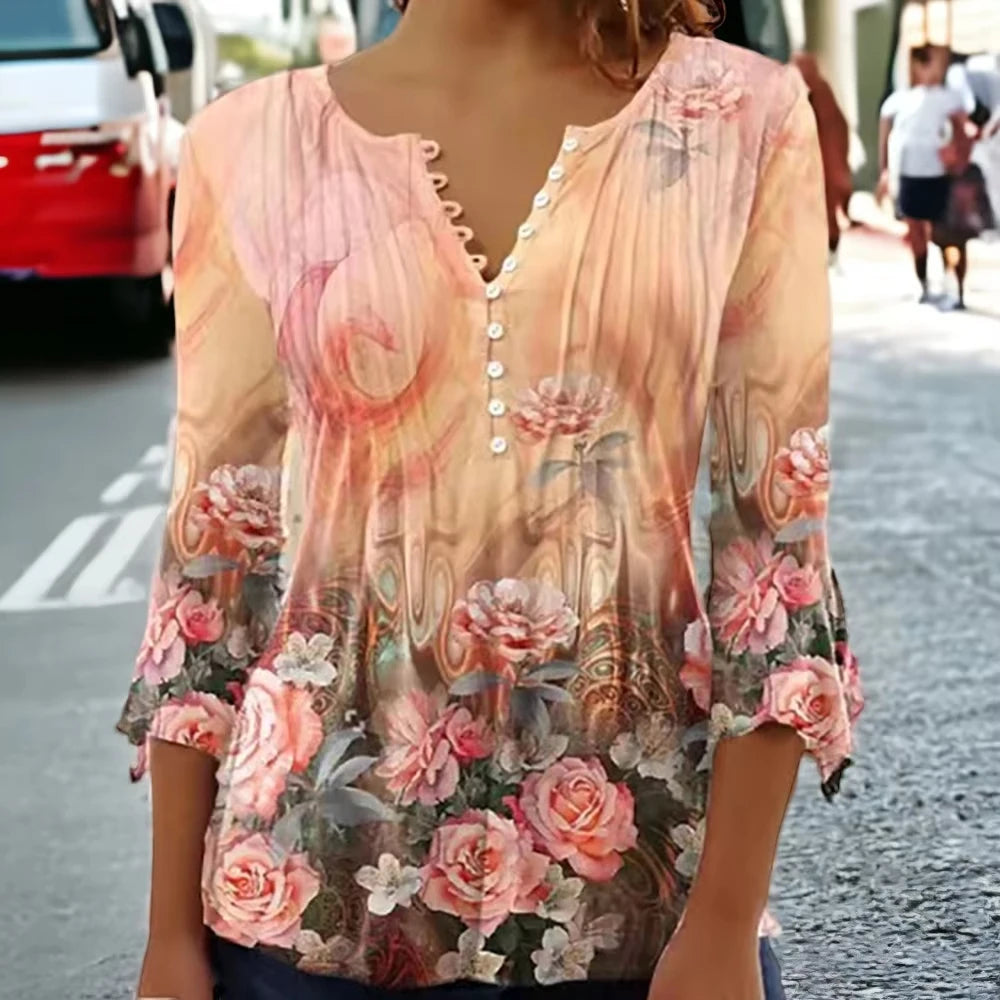 Print Shirts for Women Spring Summer Three Quarter Sleeve V-Neck Buttons Blouse Shirt Elegant Office Ladies Long Tops Bazaare Mart