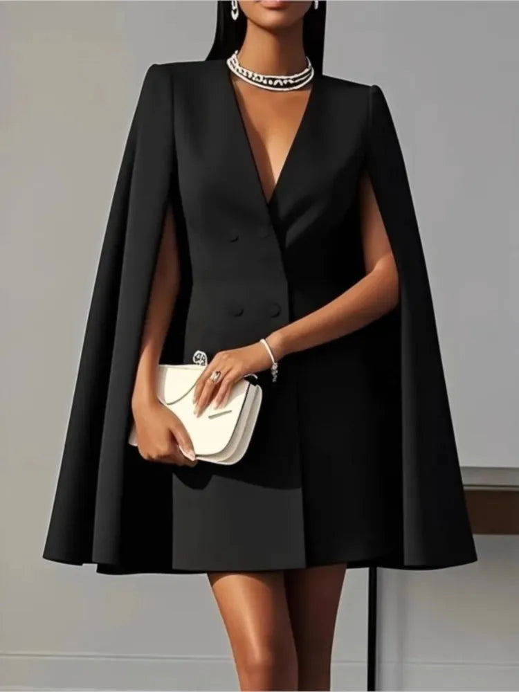 Elegant V-neck Double-breasted Shawl Sleeve Coat Dress