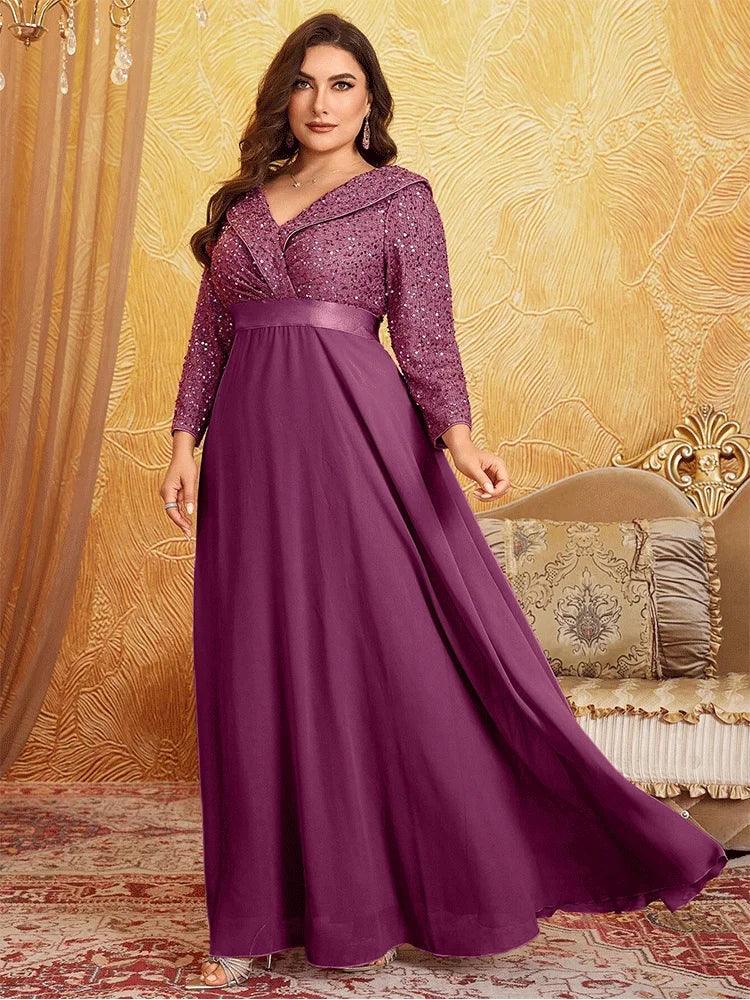 V Neck Sequined Long Sleeve Chiffon Evening Gown Pink Bazaare Mart Long Sleeve Evening Gown
