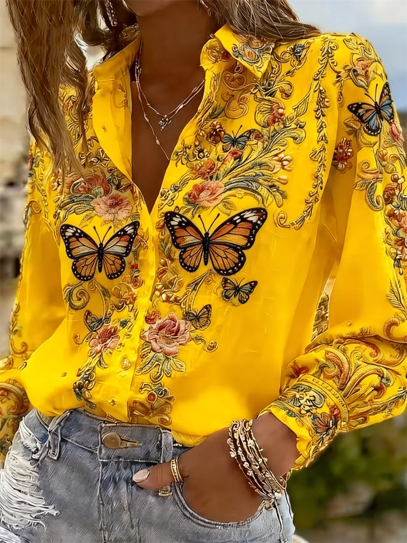 Women's Butterfly Floral Western Blouse | Long Sleeve Button-Up Shirt