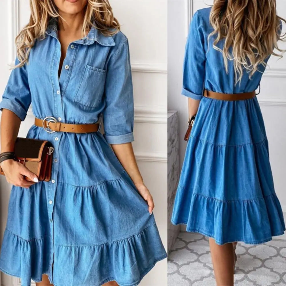 Blue Denim Shirt Dress – Tiered Ruffle Skirt & Three-Quarter Sleeves