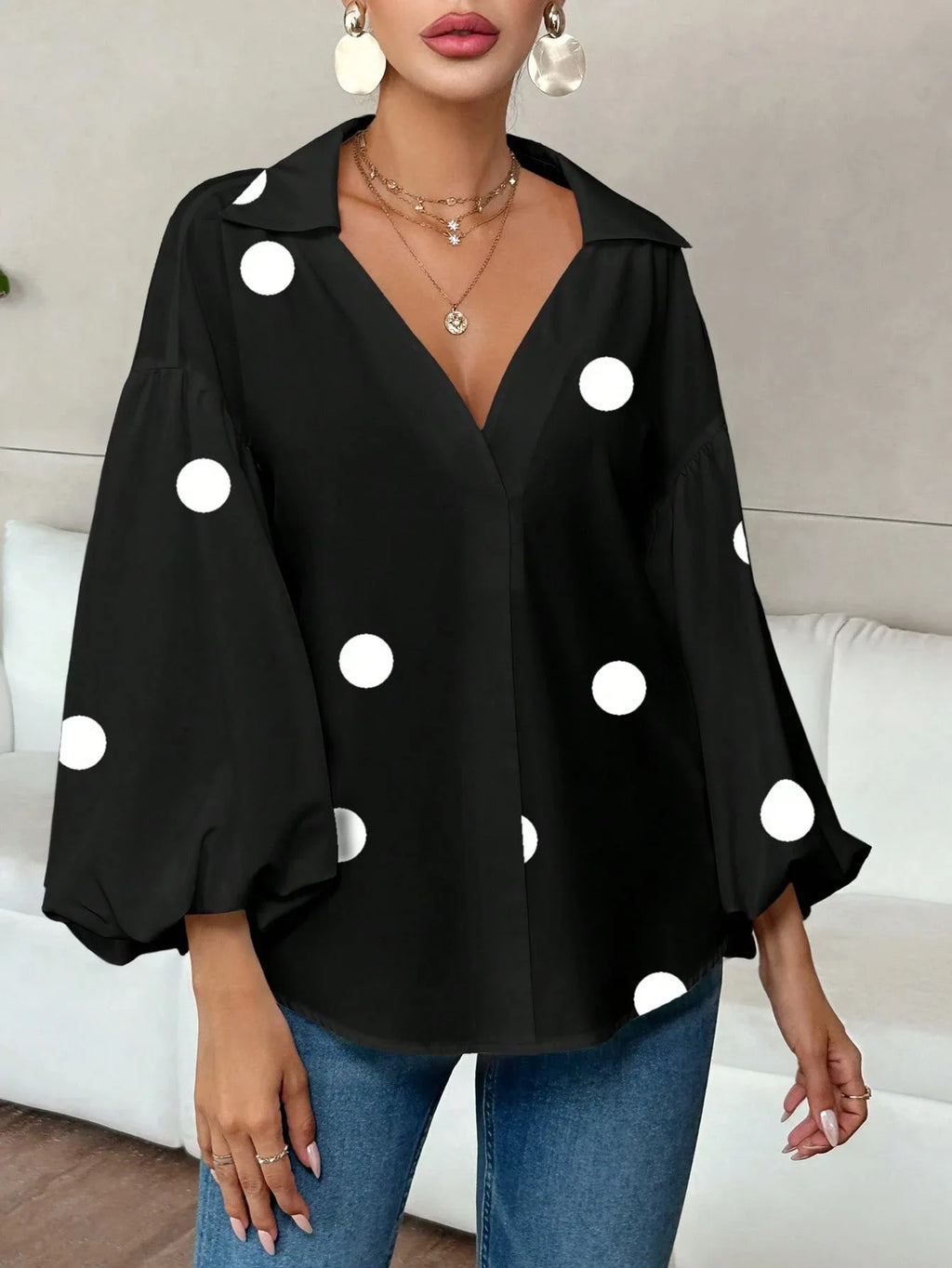 Boho Women's Blouses Spring Fall New Fashion French Polka Dot Half-neck Design Loose Puff Long-sleeve Top Casual Shirts Women Bazaare Mart