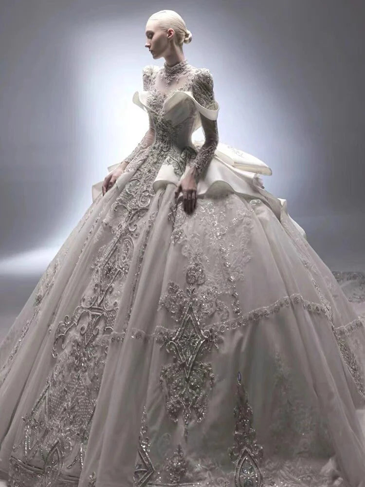 Long Sleeve Princess Sparkling Beaded Bridal Gown Bazaare Mart Beaded Long Sleeve Bridal Gown