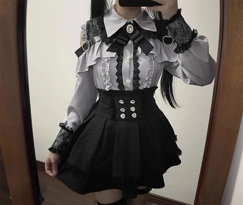 Jirai kei Shirt JK Skirt Japanese Style Lolita Y2K Sweet School Uniform Blouse Top Dress Darkness Outfit Women Girls Theme Party Bazaare Mart