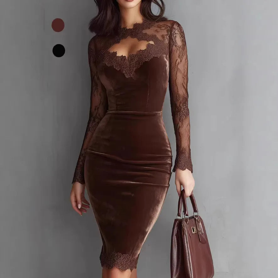 Velvet-Look Bodycon Midi Dress with Sheer Lace Sleeves – Elegant Slim-Fit Evening Dress