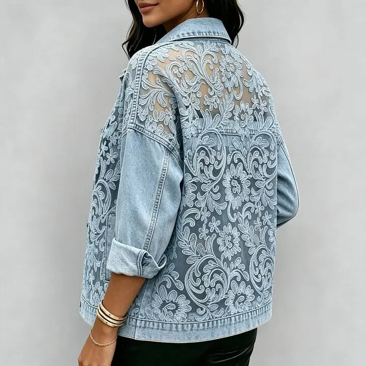 Women's See-Through Lace Patchwork Denim Jacket Casual Loose Button Up Jean Coat Trendy Long Sleeve Streetwear Outerwear Coat Bazaare Mart