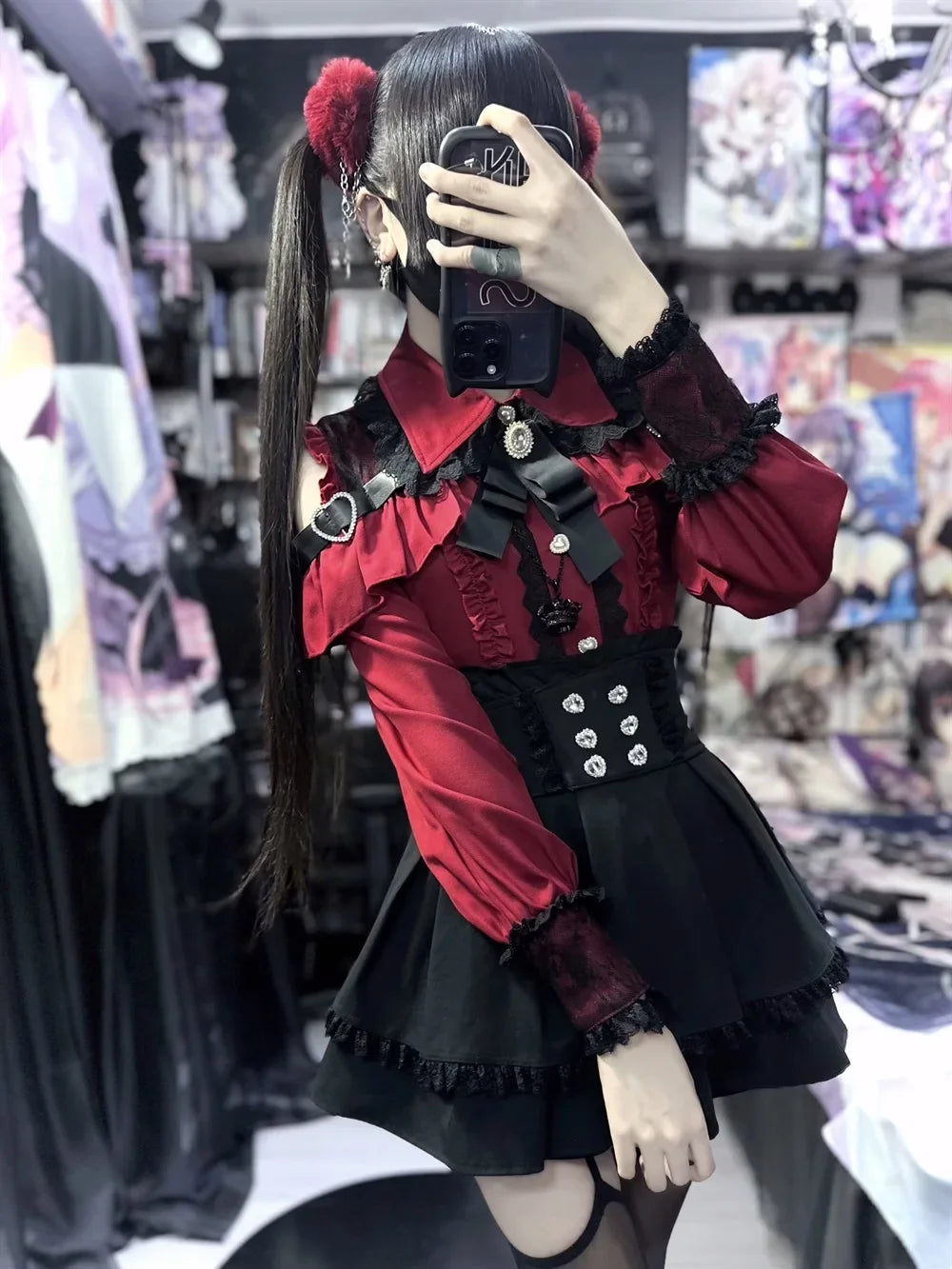 Dark Sweet Heart Ground Type Lolita Set, Ruffle Sleeve Top & A-line Skirt, Cute Kawaii Japanese Style Gothic Coord Outfit S-XL Bazaare Mart