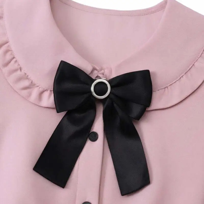 Jirai Kei 2 PCS Lolita Dress Set Pink Black Bow Ruffle Blouse Lace-up Skirt Japanese Japanese Harajuku Sweet Outfits for Women Bazaare Mart