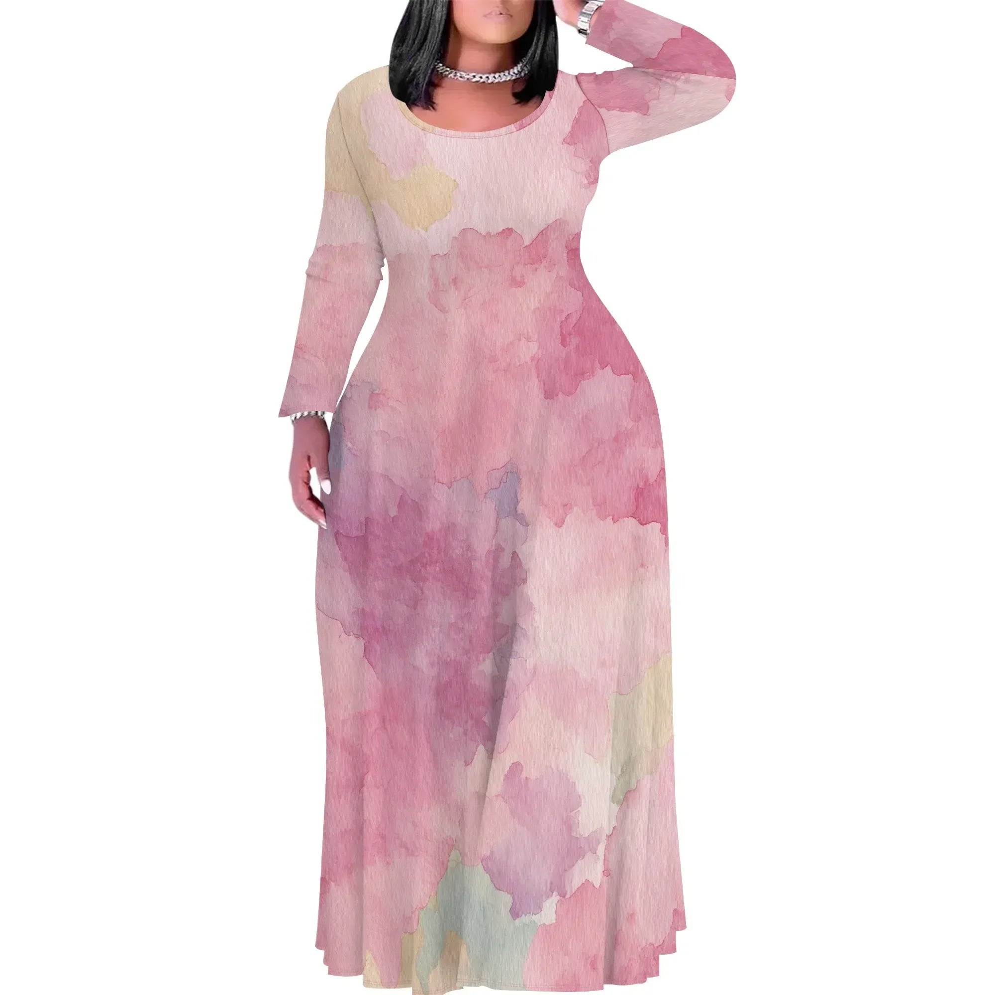 Tie Dye Print Scoop Neck Long Sleeve Maxi Dress Pattern-8 CHINA Bazaare Mart Tie Dye Print Scoop Neck Long Sleeve Maxi Dress