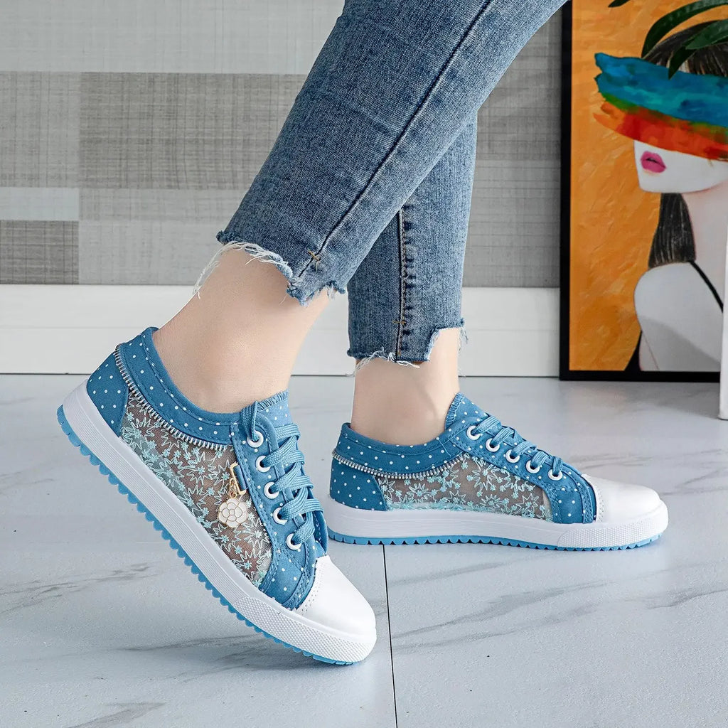 Unique Hollow Mesh Polka Dot Denim Sneakers