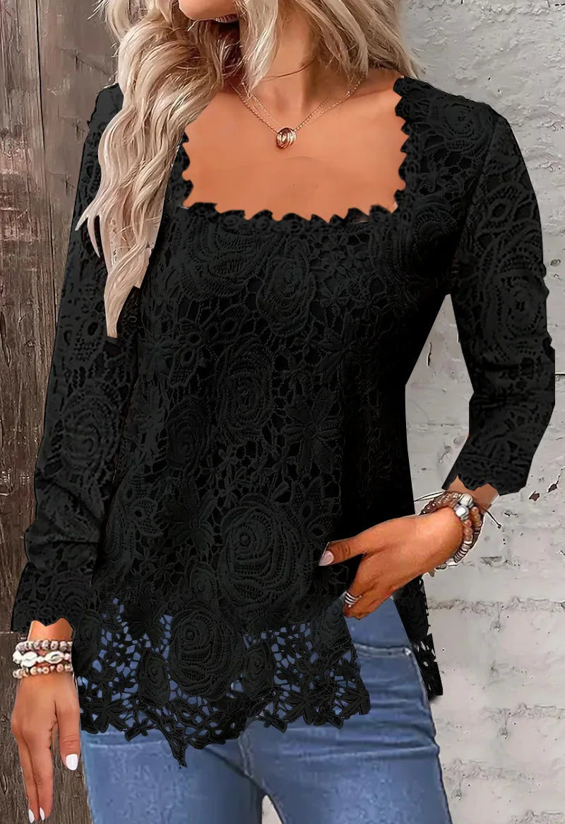 U Collar Long Sleeve Lace Loose T-shirts Summer Women Lace Patchwork Hollow Out Baggy Tee Shirt Tops MYH-myh221 Bazaare Mart