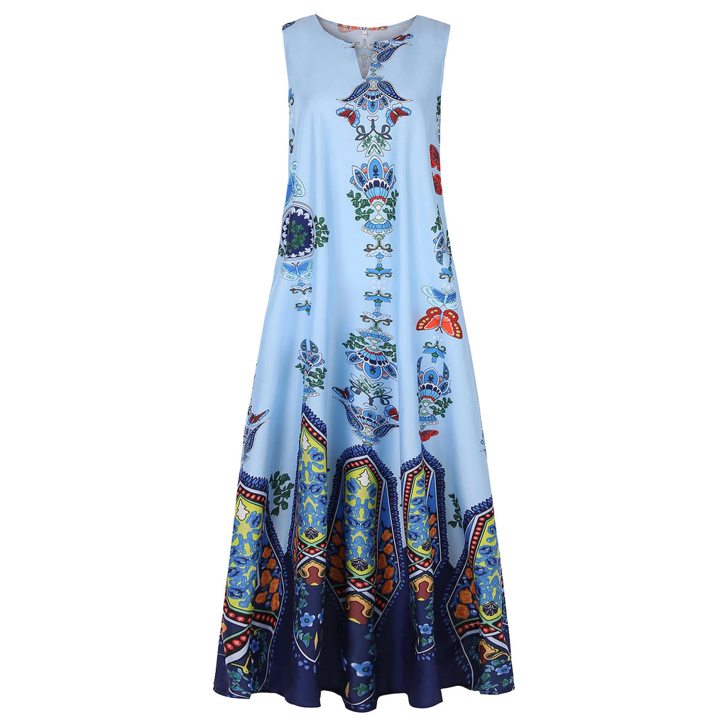 Women's Retro Boho Maxi Dress – Sleeveless V-Neck Summer Beach Dress with Pockets Bazaare Mart Maxi Sundress