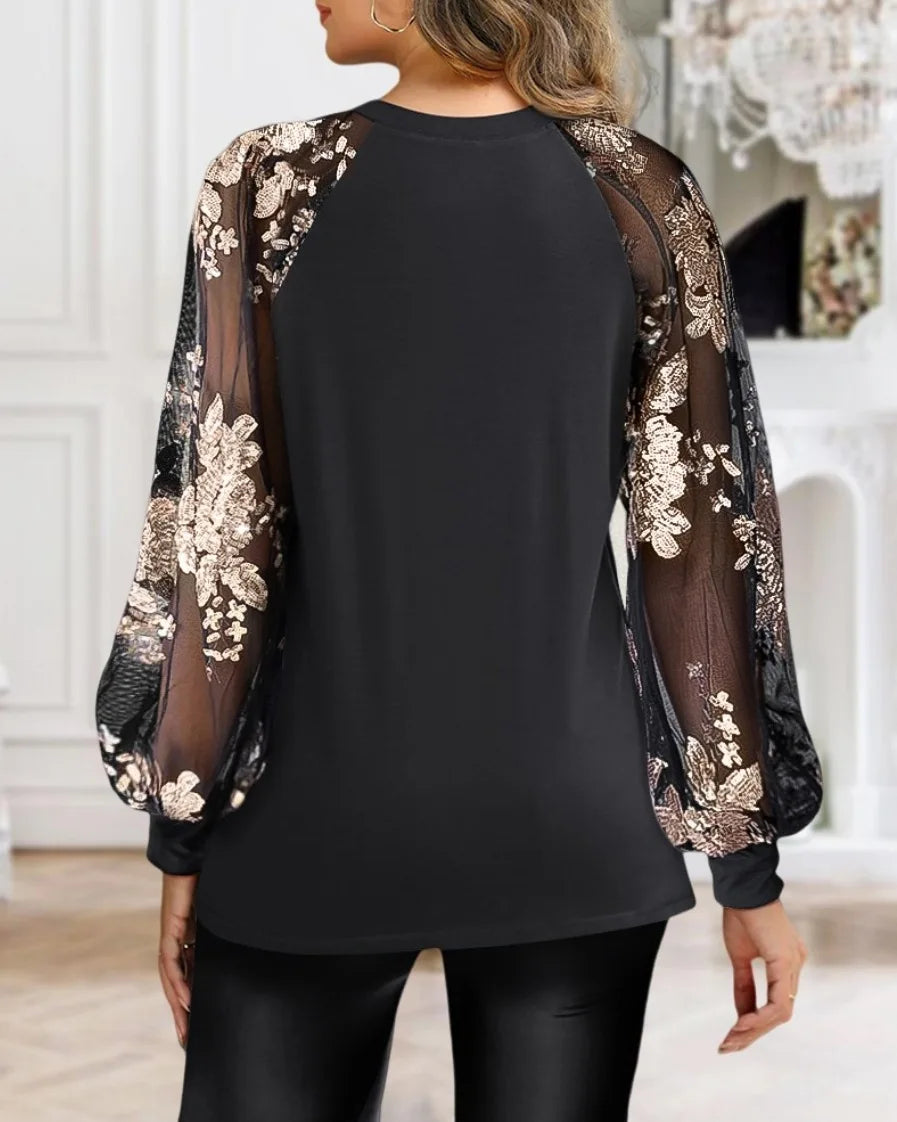 Women's Pleated Blouse with 3D Floral Mesh Sleeve