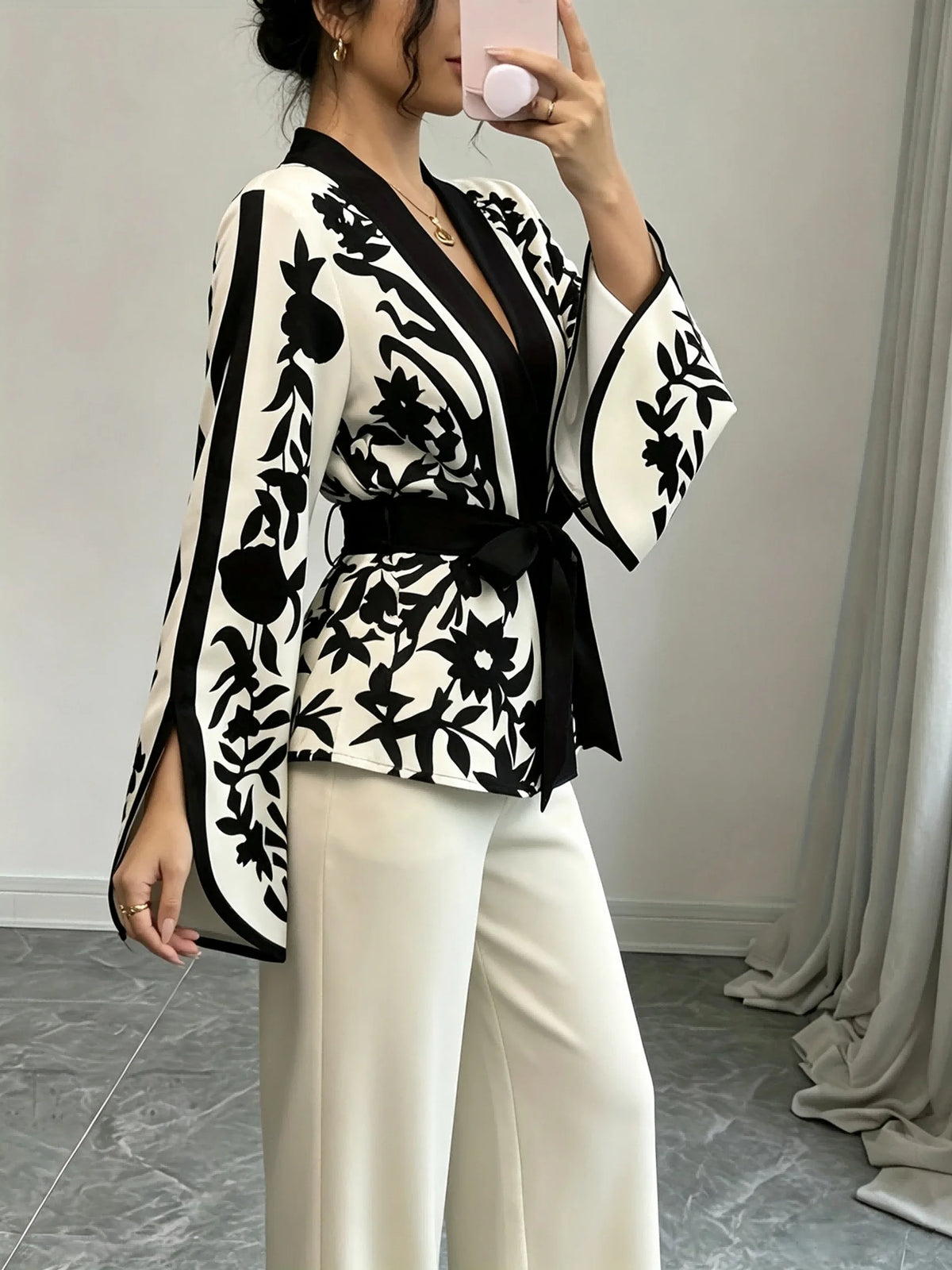B&W Floral Print Wrap Blouse