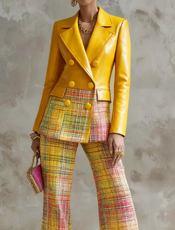 PU Leather Blazer & Plaid Flare Pants Set