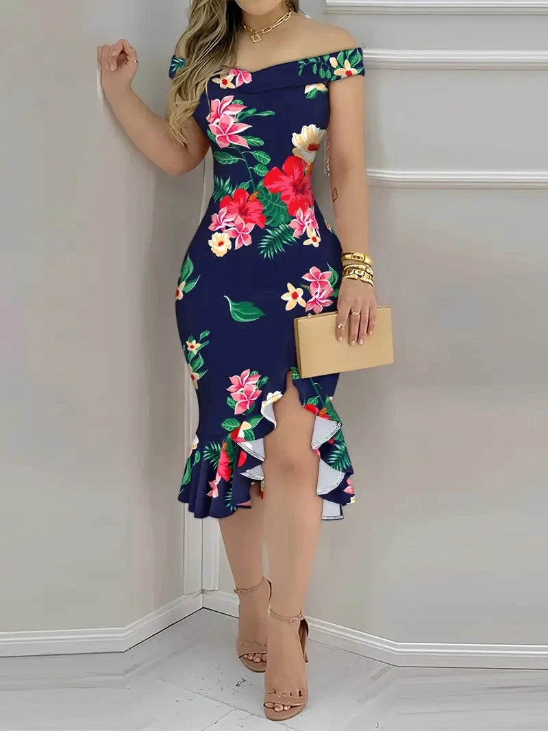 Womens Off Shoulder Floral Print Bodycon Midi Dress Ruffle Hem Slit Party Cocktail Dress Navy Blue Bazaare Mart