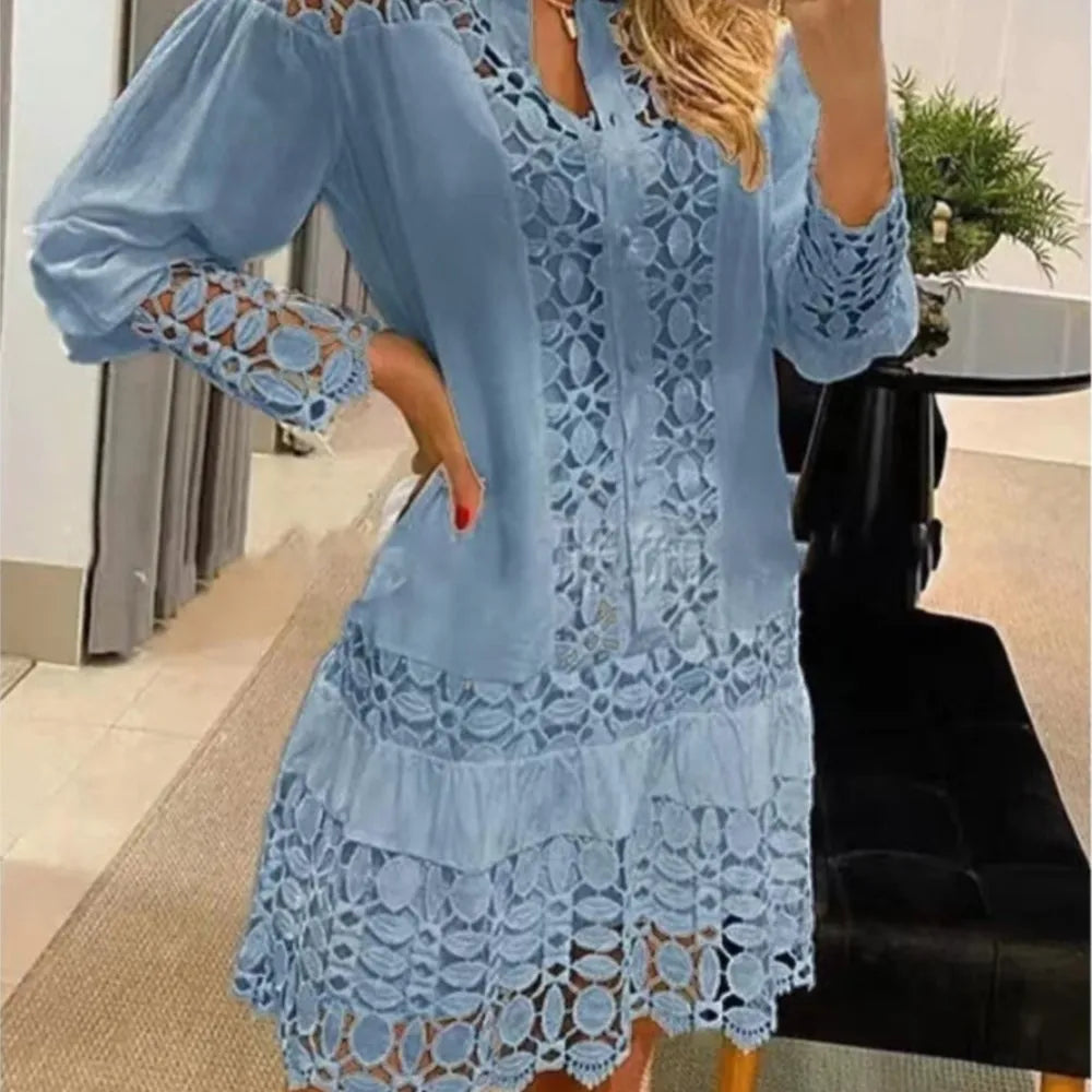 Spring Summer Lace Hollowed Out Patchwork Shirt Women's Dress Sexy Elegant Female 2 Piece Suit With Inner Strap Anti Slip Dress Bazaare Mart