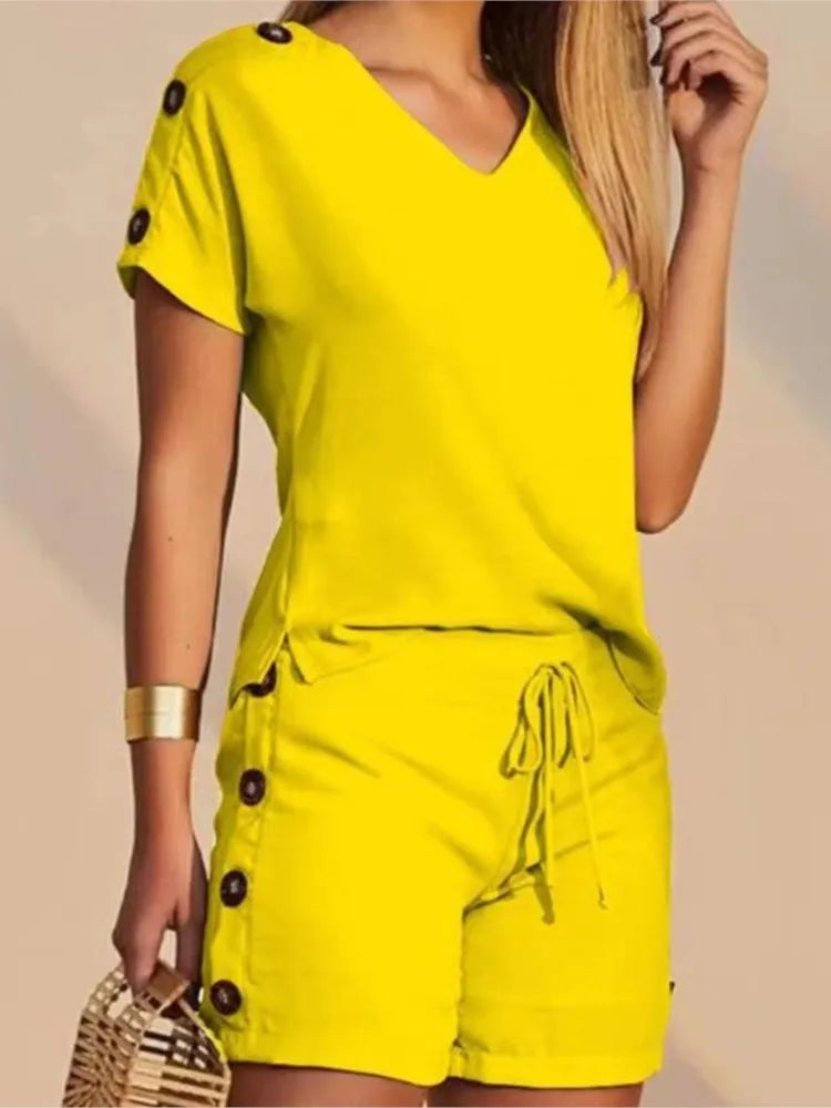 Women's V-Neck Top & Drawstring Shorts Set – Casual Summer Two-Piece Outfit, Sizes S-3X Yellow Bazaare Mart Shorts Set