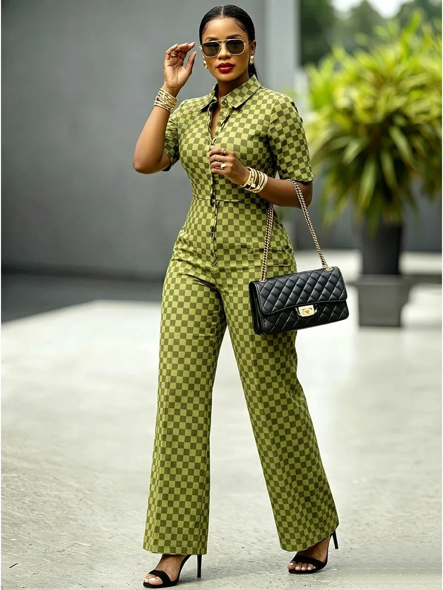 Green Checkerboard Jumpsuit – Button-Front Wide-Leg One-Piece