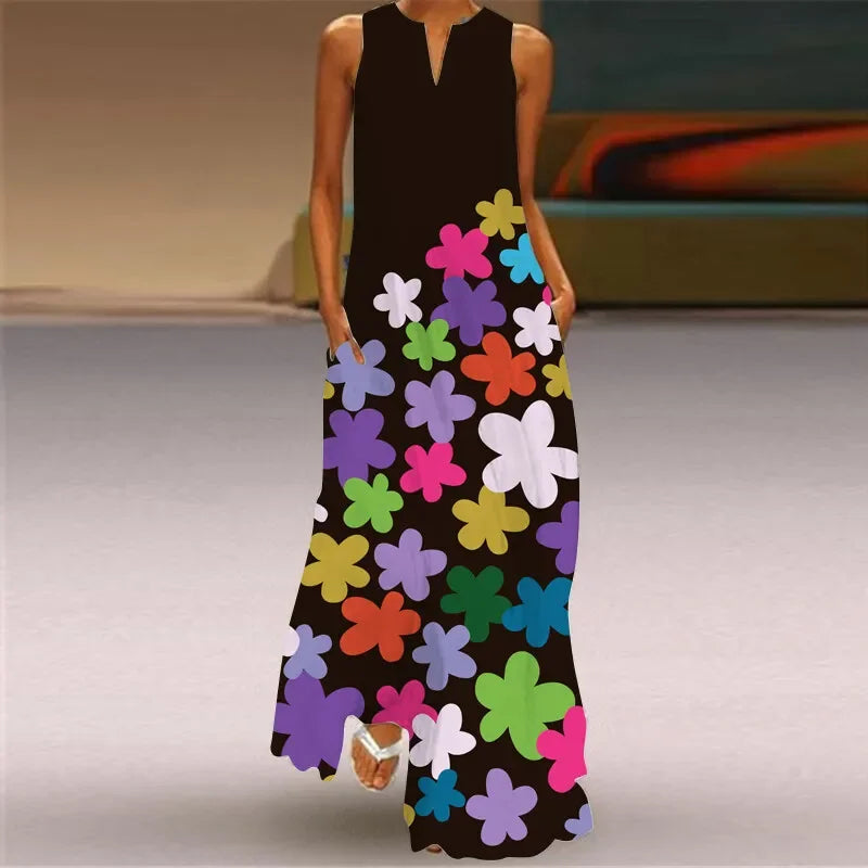 Women's Sleeveless Floral Maxi Dress with Pockets – Casual V-Neck Summer Beach Dress Retro Flower Power China Mainland Bazaare Mart Floral Maxi Dresses